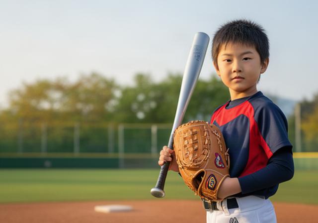 青森の屋外野球場で少年が新しいグローブと超軽量バットを手にする様子