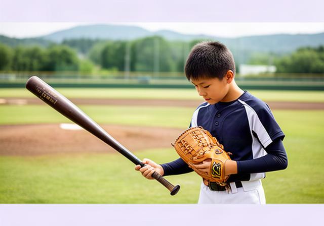 青森の屋外グラウンドで少年がバットとグローブを手に道具を確認している様子